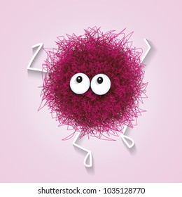 Fluffy cute pink spherical creature dancing, vector illustration