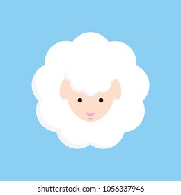 Fluffy cute sheep animal vector graphic illustration, isolated on blue background.