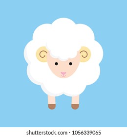 Fluffy cute sheep, lamb, ram with horns vector graphic illustration, isolated on blue background.
