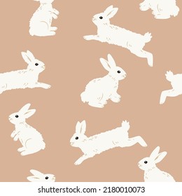 Fluffy cute white rabbit seamless pattern, brown background.