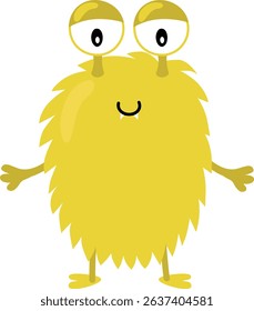 Fluffy cute yellow monster or alien. Vector illustration. Flat cartoon design.