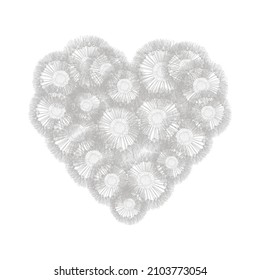 Fluffy dandelion heart. Romantic vector illustration isolated on white.  Perfect as a greeting card, invitation, design element for wedding, valentine's day, party, date, thanks card.