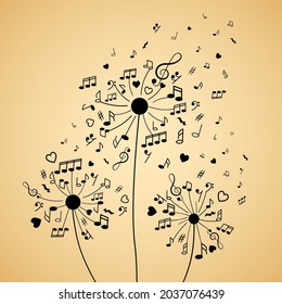 los dientes de león en forma de notas, signos musicales y arcos de trébol. amor por la música. ilustración vectorial