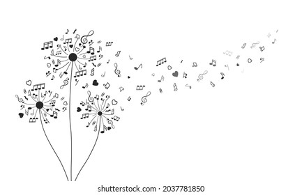 fluffy dandelions in the form of notes, musical signs and treble clefs. love for music. vector illustration