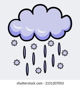 Fluffy dark cloud with rain and snow drops, vector illustrations on a white background to indicate the weather