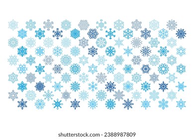 Fluffy different snowflakes, element of winter festival decoration in regular geometric lattice. Winter snow, Christmas miracle geometric horizontal banner. Vector isolated on white background
