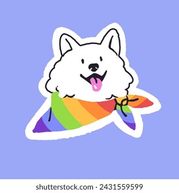 Perro esponjoso con pegatina de bandana arcoiris. Lindo hocico de cachorro muestra la lengua. Cara de cachorro divertida con bandana de la bandera del orgullo LGBT. Orientación homosexual, icono LGBTQ. Ilustración vectorial aislada dibujada a mano plana