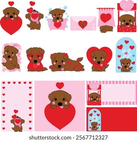 fluffy dog Valentine, cute puppy illustration, romantic dog clip art, dog with hearts