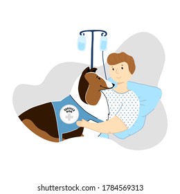 Fluffy dog visiting the patient in hospital illustration. Service dog on duty drawing. Cute collie and man poster. Assisted therapy graphic design. Friendly animal companion printable.