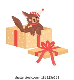 Fluffy Dog in Winter Hat Sitting in Gift Box Vector Illustration