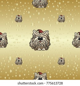 Fluffy dogs in red caps, around many stars - pattern vector