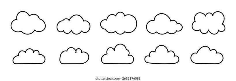 Flauschige Doodle-Wolken. Wolke umreißen. Vorlagen für Wetterdesignelemente. Puffy, Cumulus Wolken Muster. Satz wolkiger Formen in schwarzer Kontur. Handgezeichnetes niedliches dünnes Symbol. Flache einfache Objekte Wolkenlandschaft.