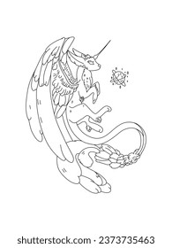 Fluffy dragon. Cute magical dragon line art. Mythical creature. Coloring page, decor. Banner, brochure, poster, card. Vector illustration