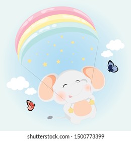 fluffy elephant with rainbow parachute