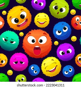 Fluffy emoticons pattern. colored round fluffy characters. Vector seamless background