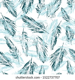 Fluffy feather pattern seamless vector texture print design. Monochrome blue ink feathers on white background. Vector illustration