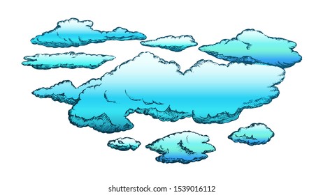 Fluffy Flying Clouds And Overcast Retro Vector. Beautiful Atmospheric Element Clouds. Seasonal Cloudy Sky And Environment Engraving Concept Mockup Designed In Vintage Style Color Illustration