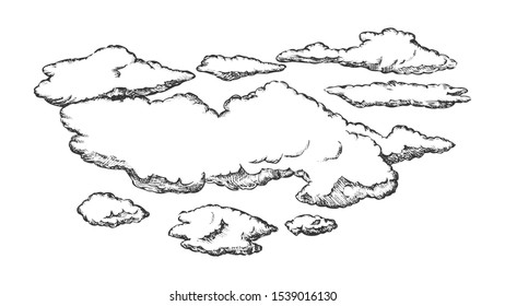 Fluffy Flying Clouds And Overcast Retro Vector. Beautiful Atmospheric Element Clouds. Seasonal Cloudy Sky And Environment Engraving Concept Mockup Designed In Vintage Style Monochrome Illustration