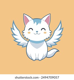 fluffy flying cute cat mascot with white wings