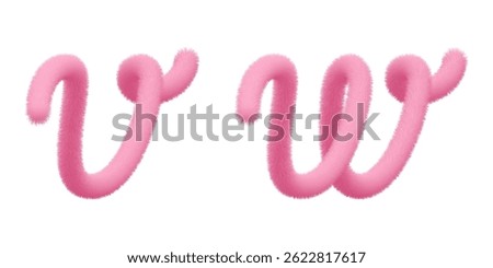 Fluffy font typescript, V W text. Furry pompon 3d typography. Hairy vector capital script, fuzzy soft plush character. Puffy toy texture. Volume letter, pink fur ribbon. Animal tail hair alphabet.