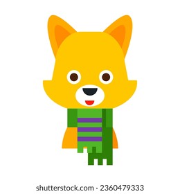 Fluffy fox with green striped scarf vector. Multicolored flat vector icon representing toys characters concept isolated on white background