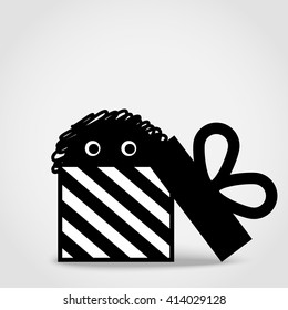Fluffy funny monster comes out of the gift boxes. Vector illustration. Little monster in gift box. 