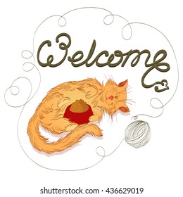 fluffy ginger cat, Welcome sign with swirls and a mouse, a bowl of cat food, a ball of thread