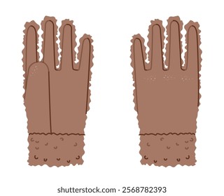 Fluffy Gloves Mocha Mousse cartoon Fashion hand accessory clothing technical illustration garment. Vector front back for Men, women, unisex style flat template CAD mockup sketch on white background