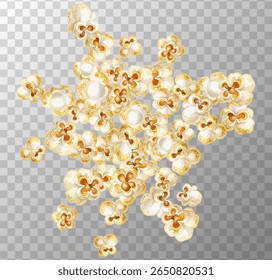 Núcleos de pipoca fofo, dourado espalhou a ilustração do vetor apetitoso com fundo transparente. Pipoca para temas de noite de filme, anúncios de lanches, embalagem de alimentos.
