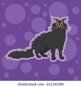 Fluffy gray cat with big yellow eyes on a purple background. Lots of circles. Stickers with cats. Beautiful and bright illustrations for children.