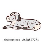 Fluffy gray dog lying down, relaxed with dark gray ears, muzzle, and paws. Cartoon dog, drawn in a cute doodle style, for a pet sticker or mascot. Vector illustration