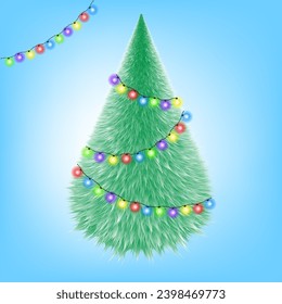 A fluffy green Christmas tree with a garland of colorful light bulbs. New Year, banner, postcard. An easily editable EPS vector illustration.