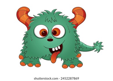 Fluffy green coloured monster with brown horns, long tongue and tail. A kind cartoon character. Funny alien. Children's illustration.