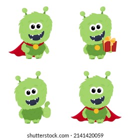 Fluffy green monster character in a raincoat in several poses. Set of illustrations with a cute green monster in a raincoat