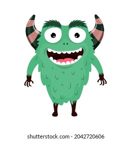 Fluffy green monster smile, cartoon vector,alien monster illustration, isolated cartoon on white background.