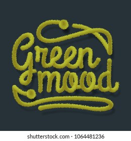 Fluffy green mood grass lettering vector illustration on dark background.