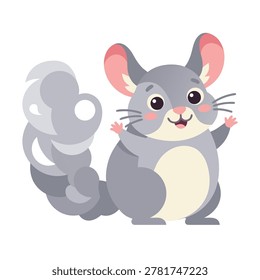 A fluffy, grey chinchilla with big ears and a bushy tail, smiling and waving its paw. Isolated on a white background.