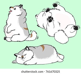 Fluffy, grey and white puppies, hand drawn, set of 3