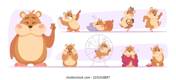 Fluffy hamsters. Domestic pets sleeping playing and eating exact vector hamsters in cartoon style