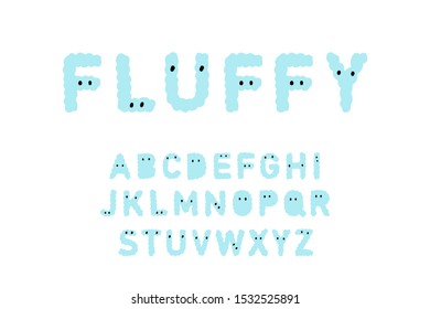 Fluffy hand drawn vector type font in cartoon comic style with eyes blue creature monster lettering