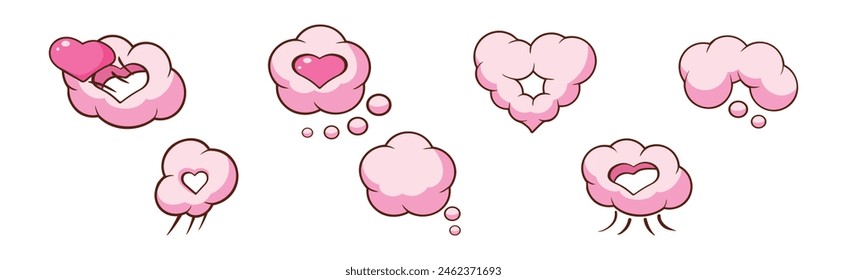 Fluffy Heart Cloud of Pink Color Vector Set