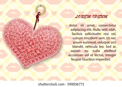 The fluffy heart trinket on the background of the red lips ornament vector illustration.