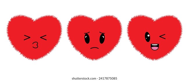 Fluffy hearts with different emotions kawaii. Cute face character set. Vector illustration