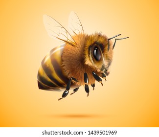 Fluffy honey bee in 3d illustration on yellow background