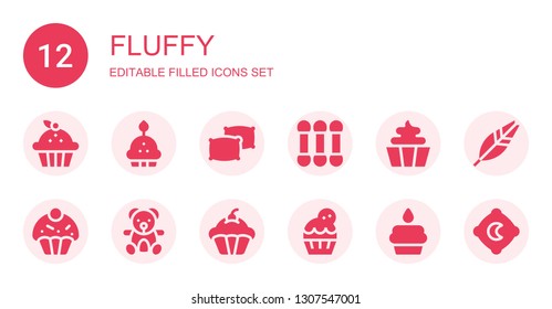 fluffy icon set. Collection of 12 filled fluffy icons included Cupcake, Pillows, Cottons, Teddy bear, Feather, Pillow
