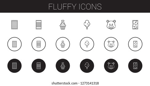 fluffy icons set. Collection of fluffy with beach towel, cupcake, cotton candy, bear. Editable and scalable fluffy icons.