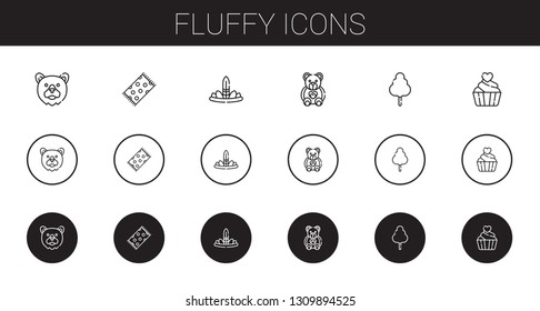 fluffy icons set. Collection of fluffy with bear, beach towel, feathers, teddy bear, cotton candy, cupcake. Editable and scalable fluffy icons.