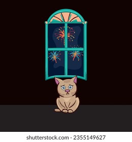 A fluffy kitten cringes as fireworks explode outside the window behind him. Cat scared of fireworks.