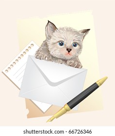 Fluffy kitten with envelope. Postage illustration
