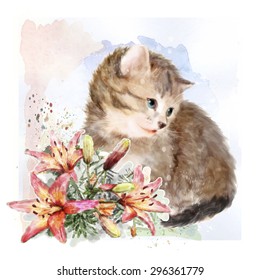 Fluffy kitten with lilies.  Vintage postcard.  Imitation of watercolor painting.